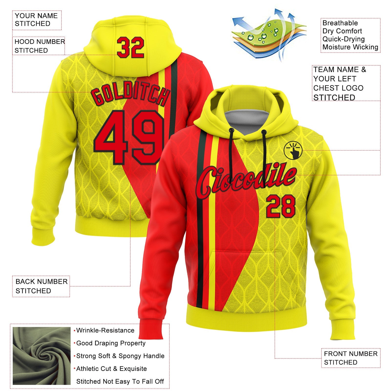 Custom Stitched Yellow Fire Red-Black 3D Pattern Design Germany Inspired Geometric Shape Sportswear Pullover Sweatshirt Hoodie