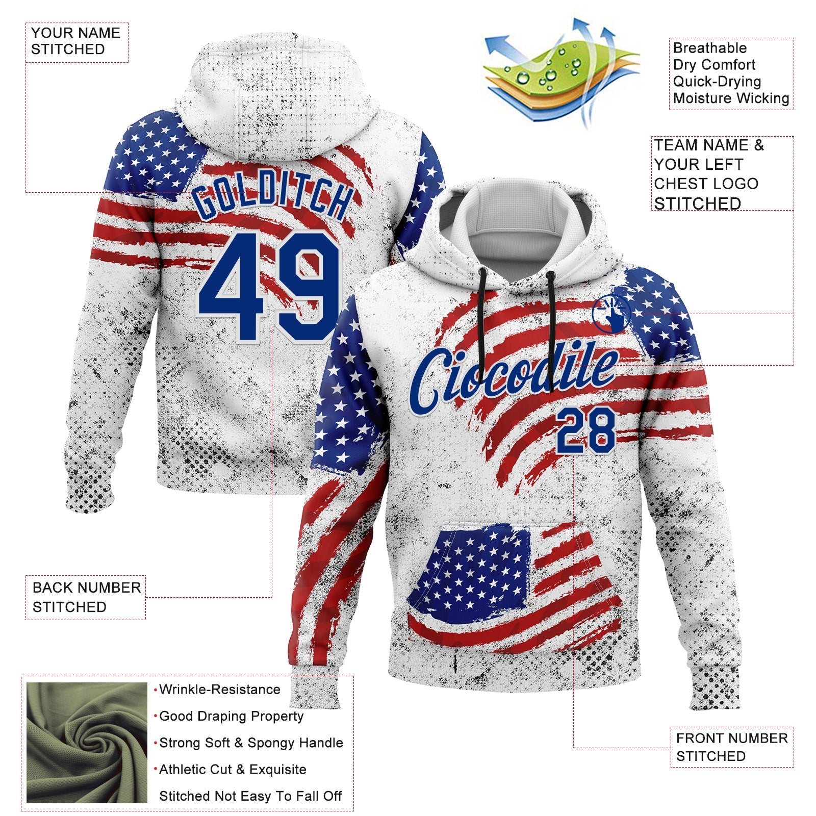 Custom Stitched White Royal-Red 3D American Flag Retro Distressed Grunge Sports Pullover Sweatshirt Hoodie