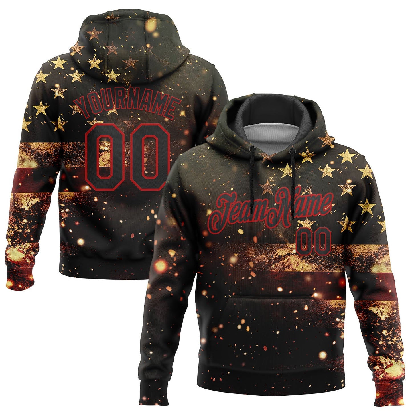 Custom Stitched Black Red 3D American Flag Retro Distressed Sparkle Grunge Sports Pullover Sweatshirt Hoodie