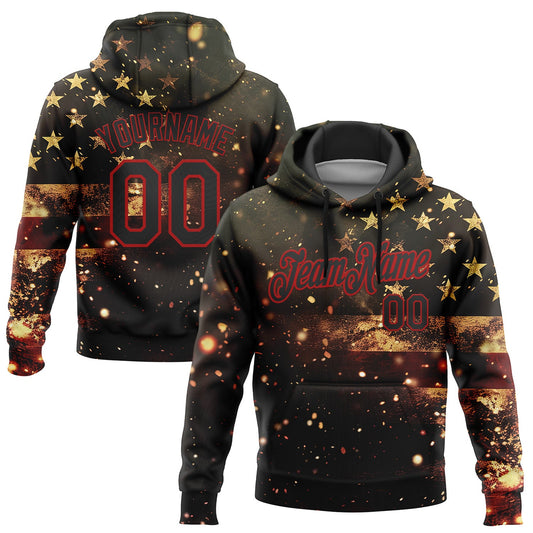 Custom Stitched Black Red 3D American Flag Retro Distressed Sparkle Grunge Sports Pullover Sweatshirt Hoodie