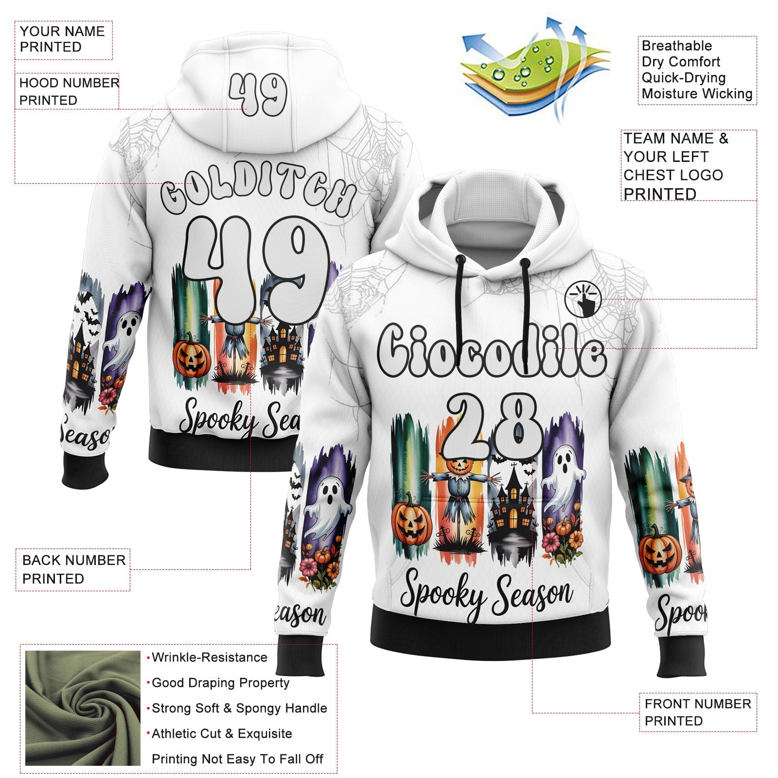 Custom White Black 3D Halloween Pumpkin Spooky Sports Pullover Sweatshirt Hoodie