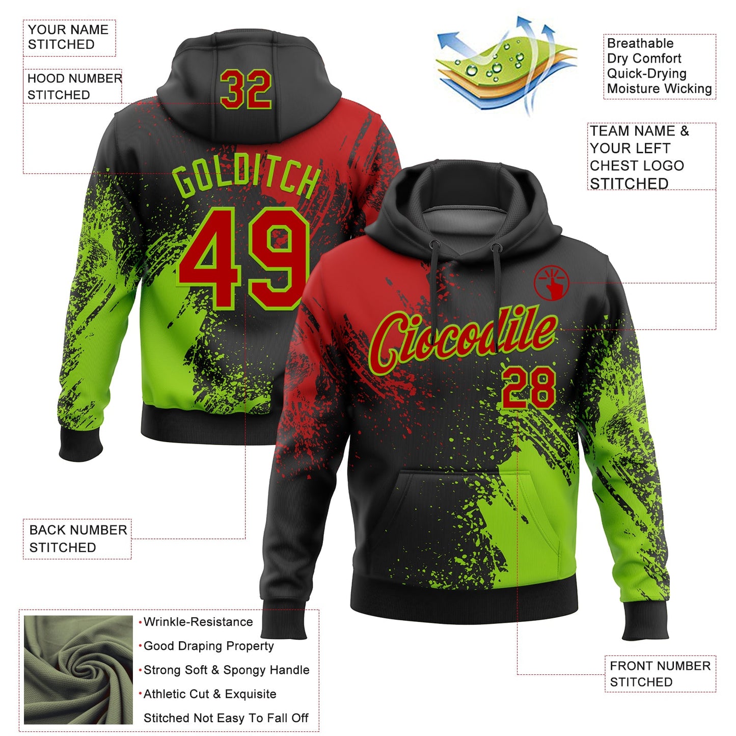 Custom Stitched Black Red-Neon Green 3D Pattern Design Abstract Brush Stroke Sports Pullover Sweatshirt Hoodie