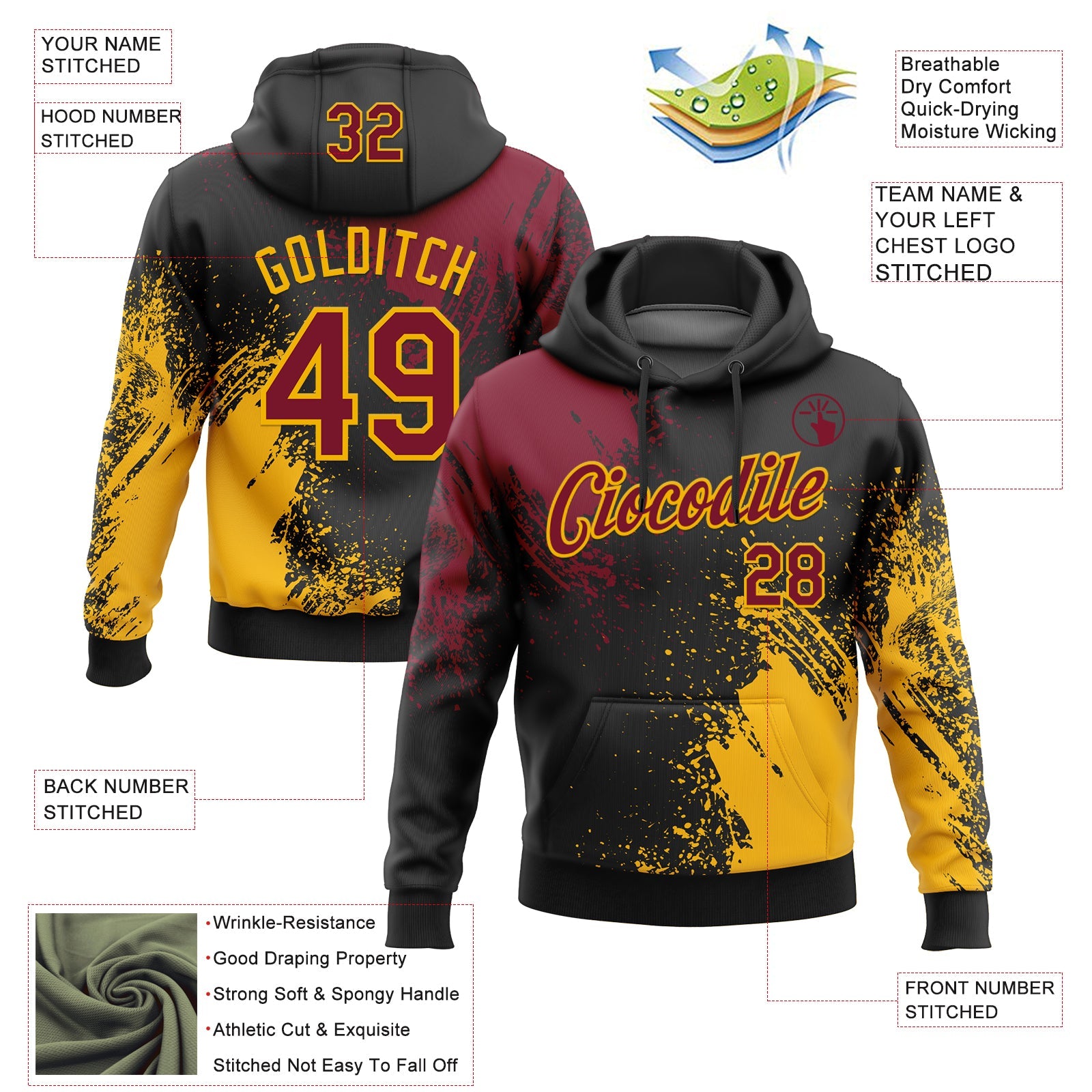 Custom Stitched Black Crimson-Gold 3D Pattern Design Abstract Brush Stroke Sports Pullover Sweatshirt Hoodie