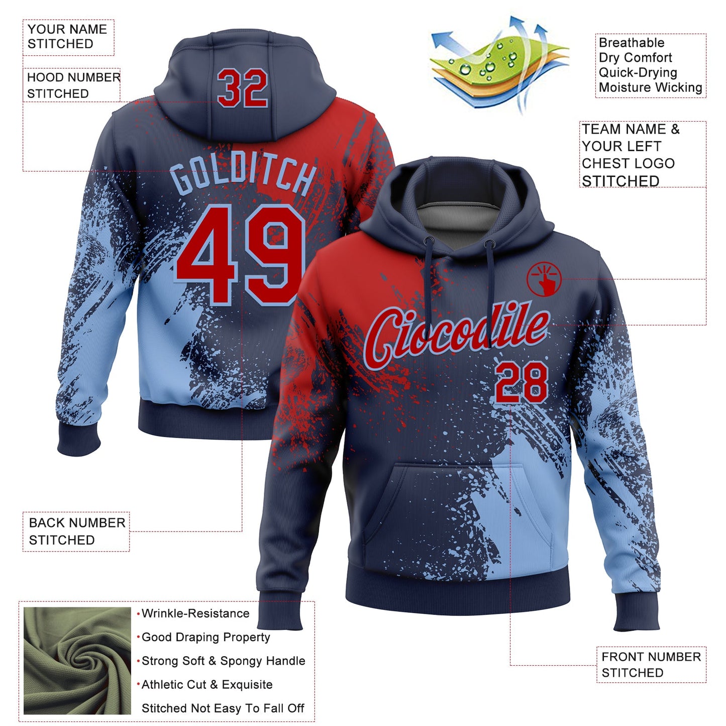 Custom Stitched Navy Red-Light Blue 3D Pattern Design Abstract Brush Stroke Sports Pullover Sweatshirt Hoodie