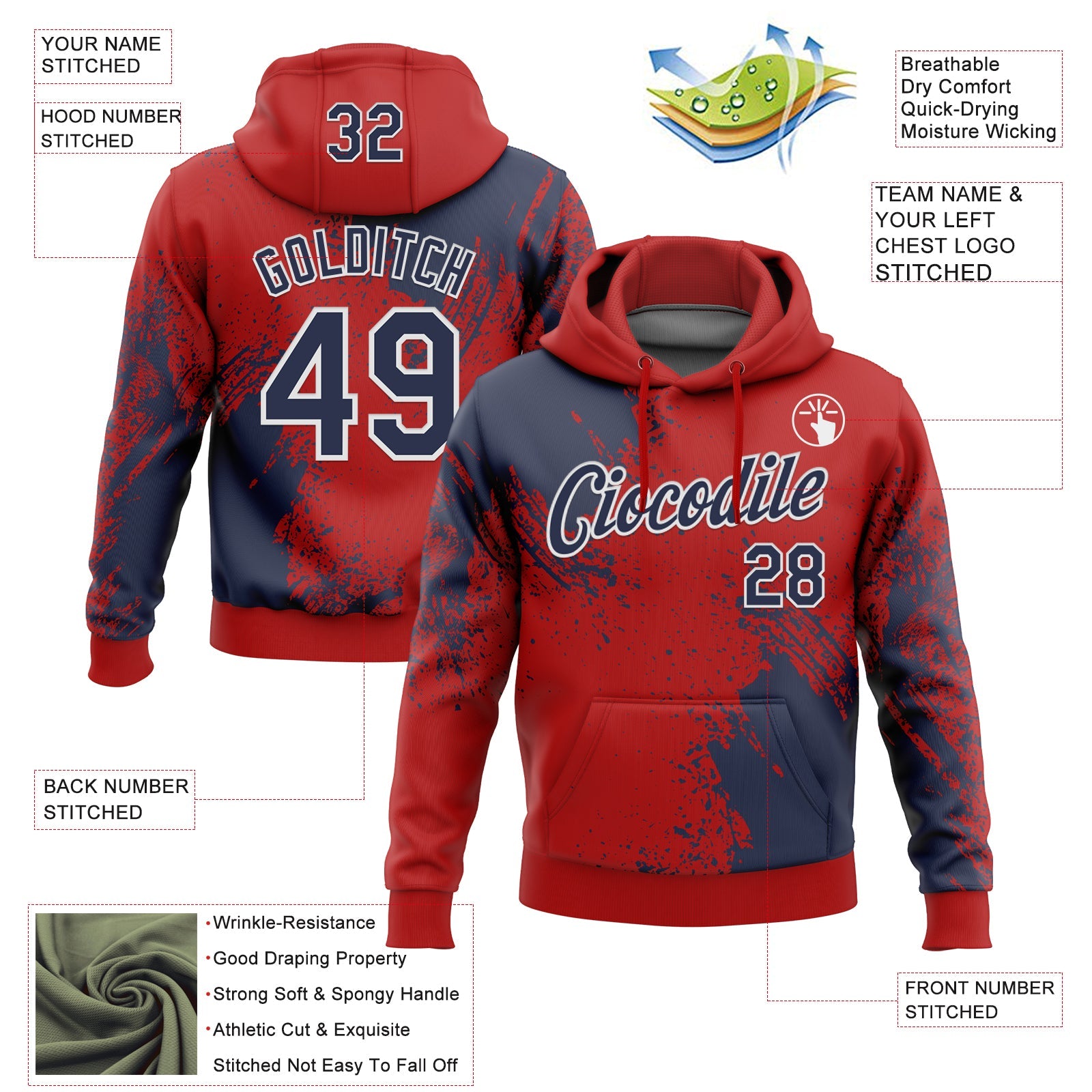 Custom Stitched Red Navy-White 3D Pattern Design Abstract Brush Stroke Sports Pullover Sweatshirt Hoodie