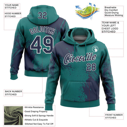 Custom Stitched Teal Navy-White 3D Pattern Design Abstract Brush Stroke Sports Pullover Sweatshirt Hoodie