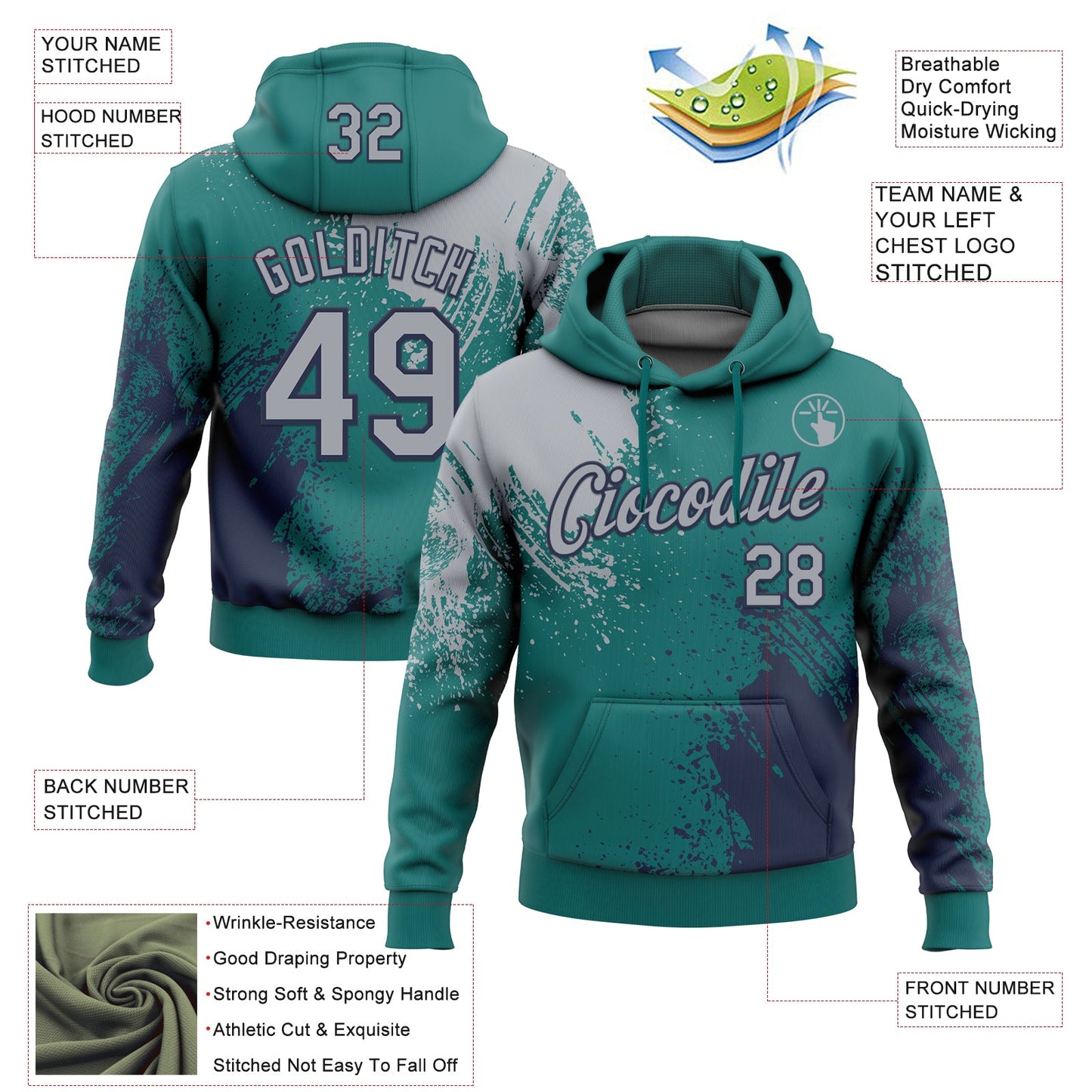 Custom Stitched Teal Gray-Navy 3D Pattern Design Abstract Brush Stroke Sports Pullover Sweatshirt Hoodie