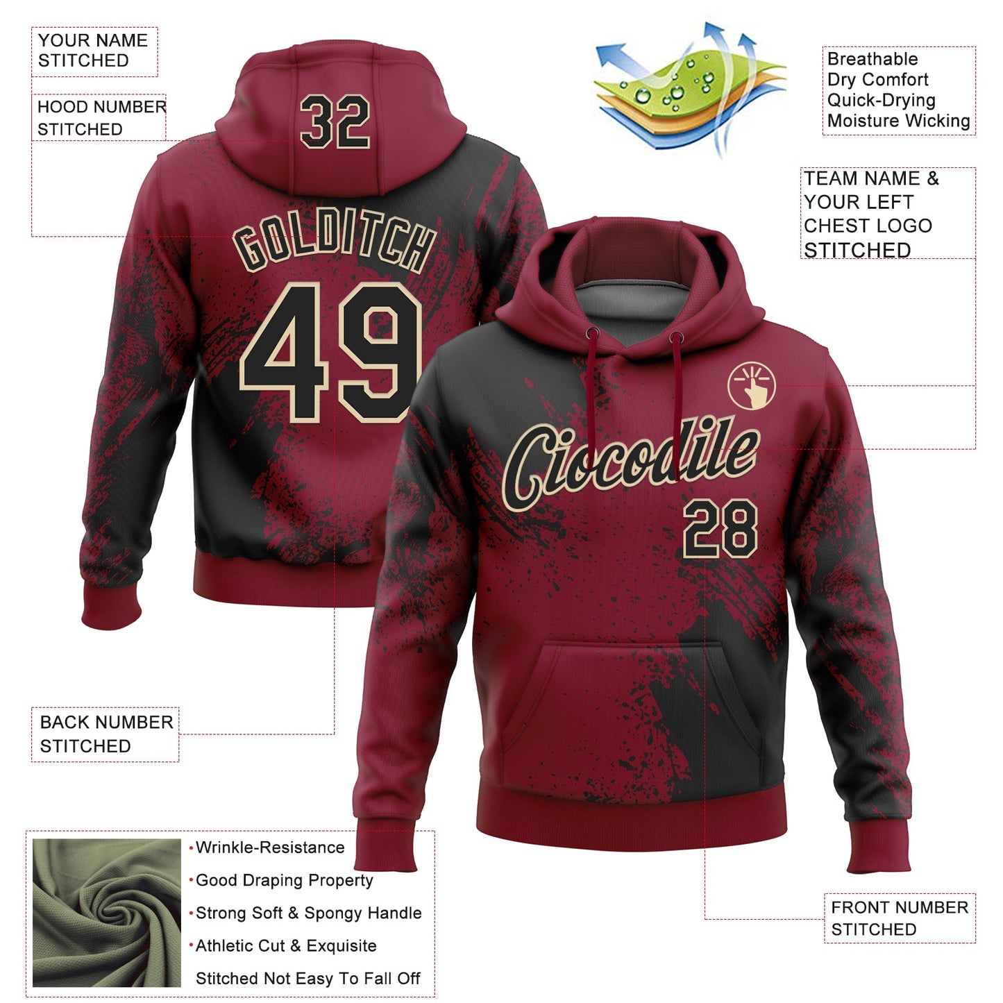 Custom Stitched Crimson Black-Cream 3D Pattern Design Abstract Brush Stroke Sports Pullover Sweatshirt Hoodie