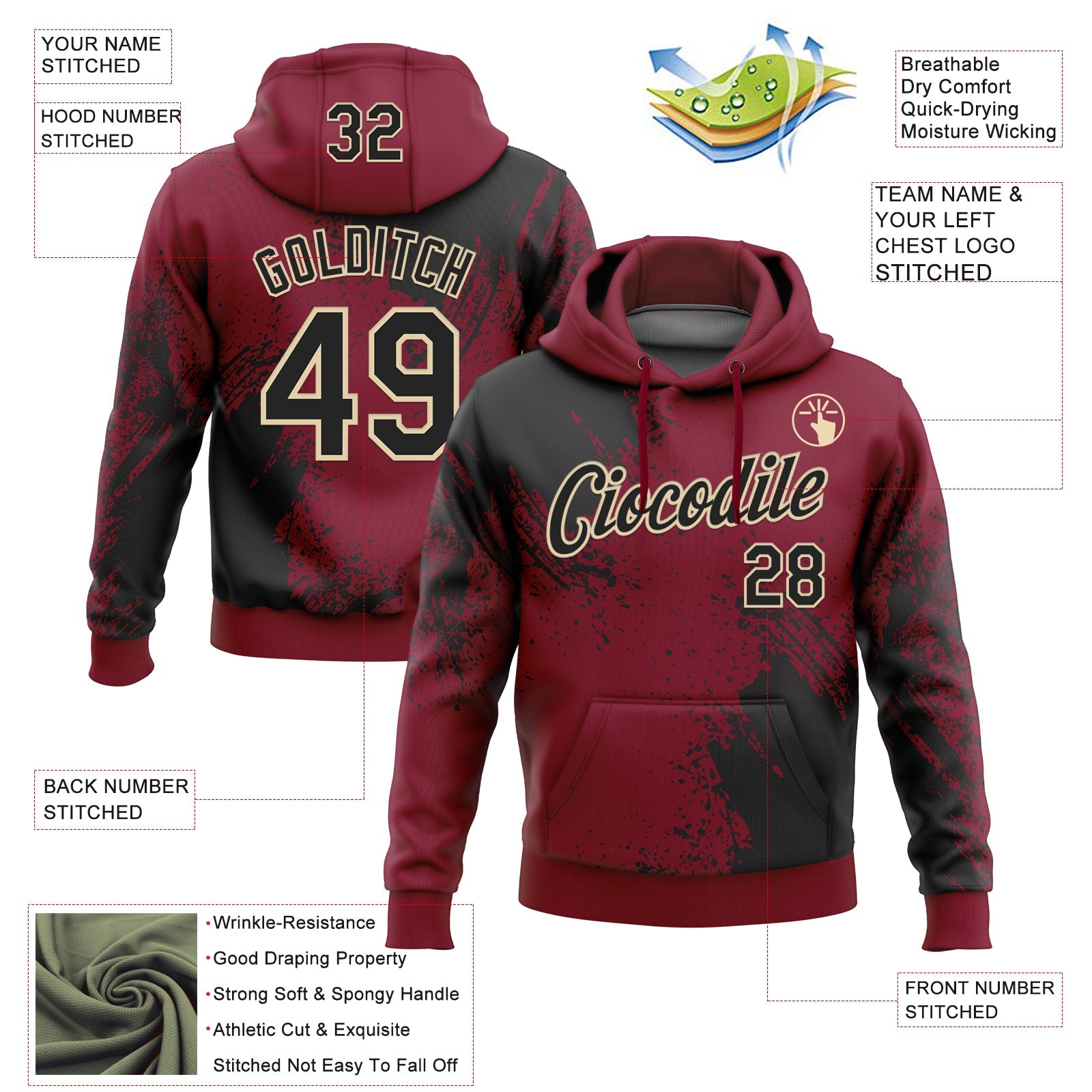 Custom Stitched Crimson Black-Cream 3D Pattern Design Abstract Brush Stroke Sports Pullover Sweatshirt Hoodie