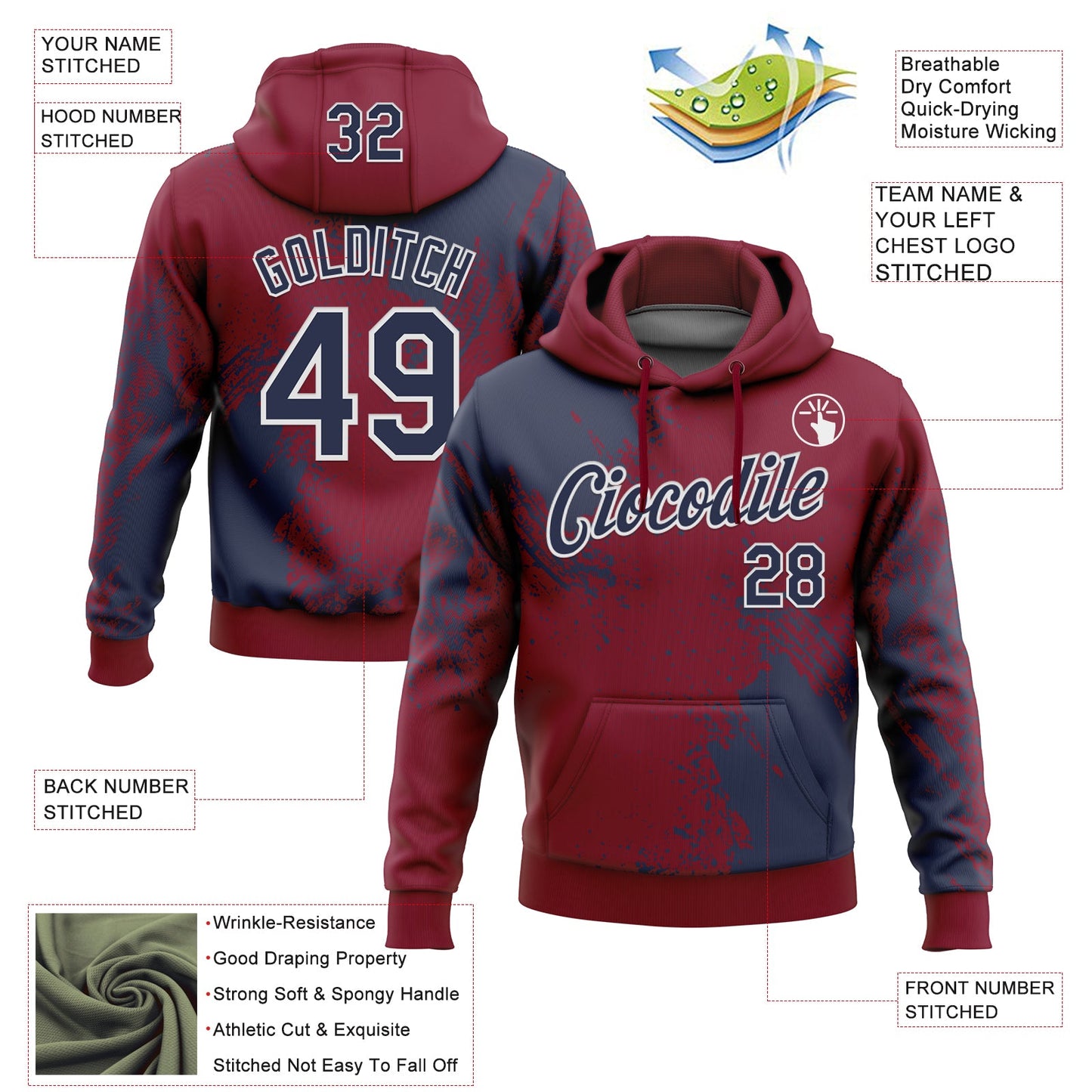 Custom Stitched Crimson Navy-White 3D Pattern Design Abstract Brush Stroke Sports Pullover Sweatshirt Hoodie