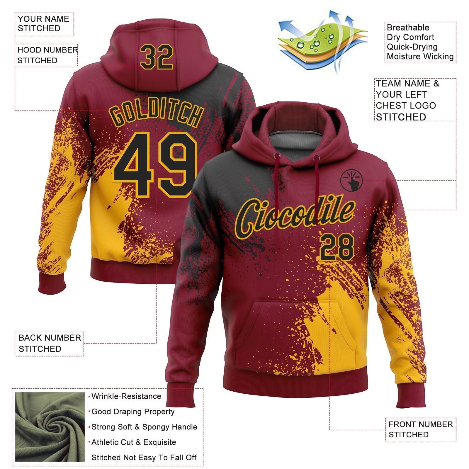 Custom Stitched Crimson Black-Gold 3D Pattern Design Abstract Brush Stroke Sports Pullover Sweatshirt Hoodie