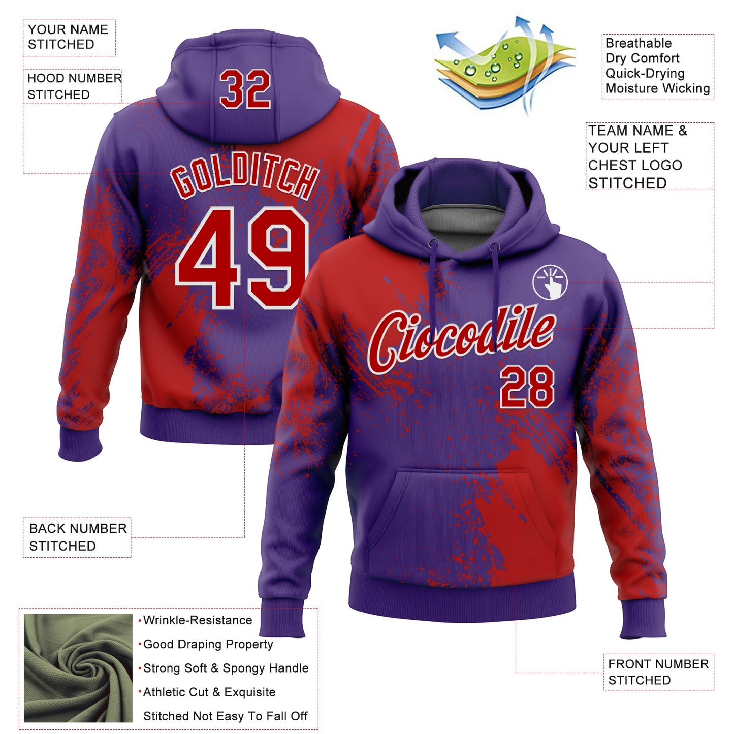 Custom Stitched Purple Red-White 3D Pattern Design Abstract Brush Stroke Sports Pullover Sweatshirt Hoodie