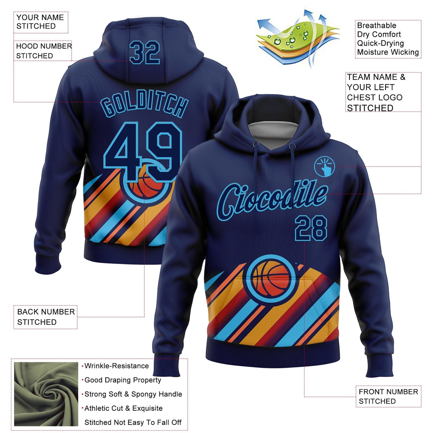 Custom Stitched Navy Orange-Sky Blue 3D Pattern Design Ball Sports Pullover Sweatshirt Hoodie