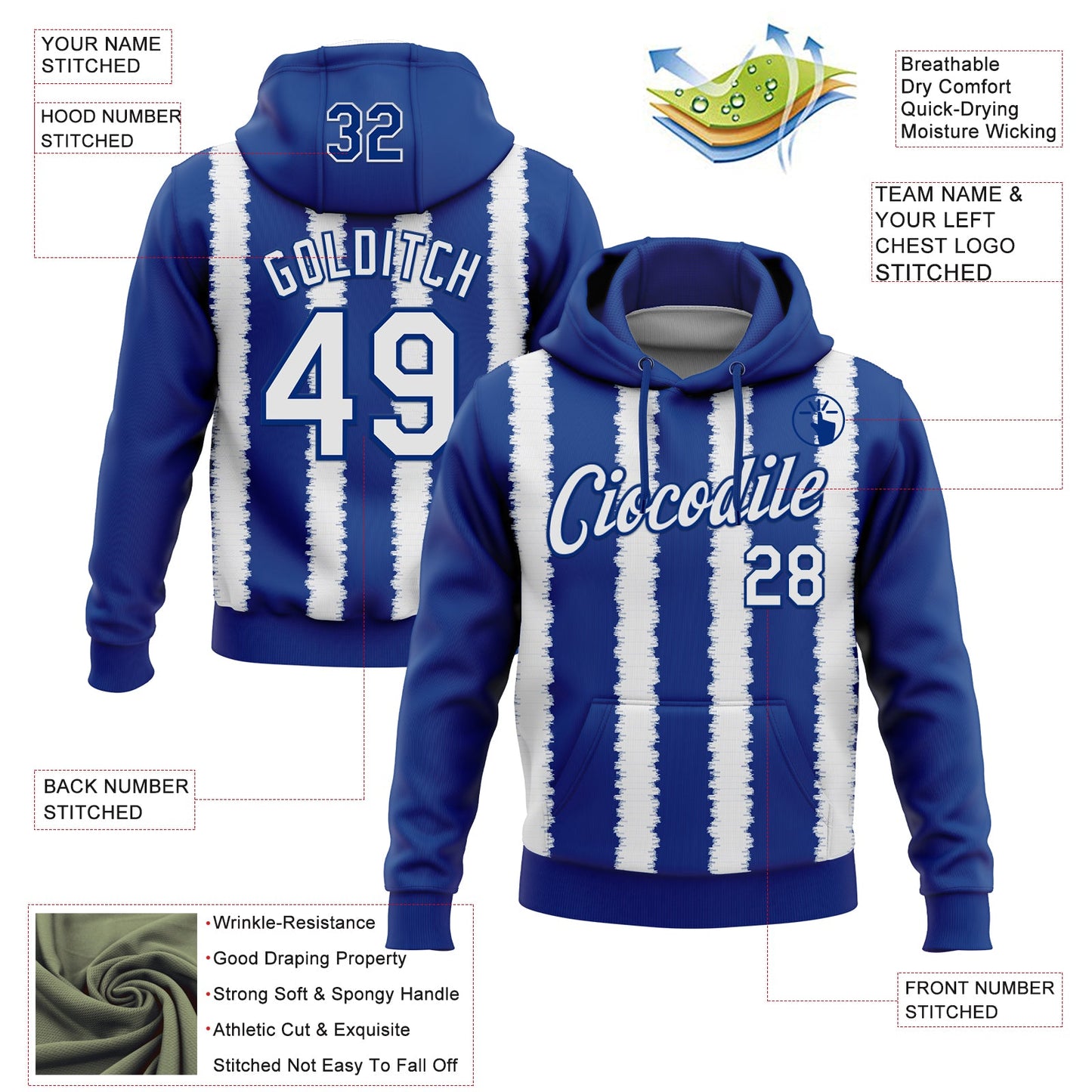 Custom Stitched Royal White 3D Pattern Design Line Sports Pullover Sweatshirt Hoodie