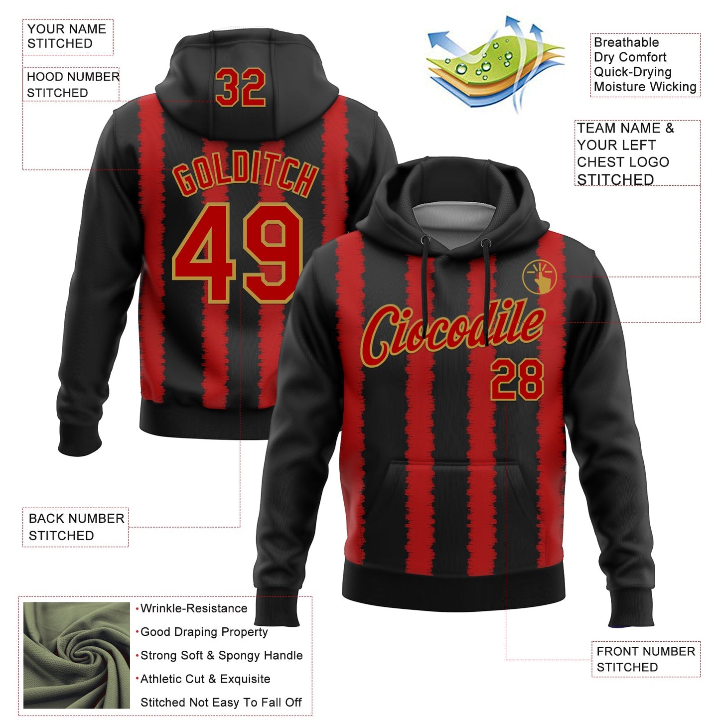 Custom Stitched Black Red-Old Gold 3D Pattern Design Line Sports Pullover Sweatshirt Hoodie