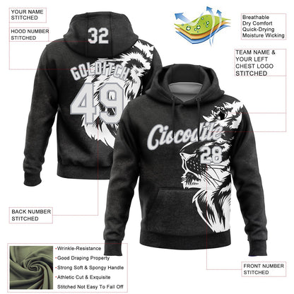 Custom Stitched Black White-Gray 3D Pattern Design Animal Lion Sports Pullover Sweatshirt Hoodie