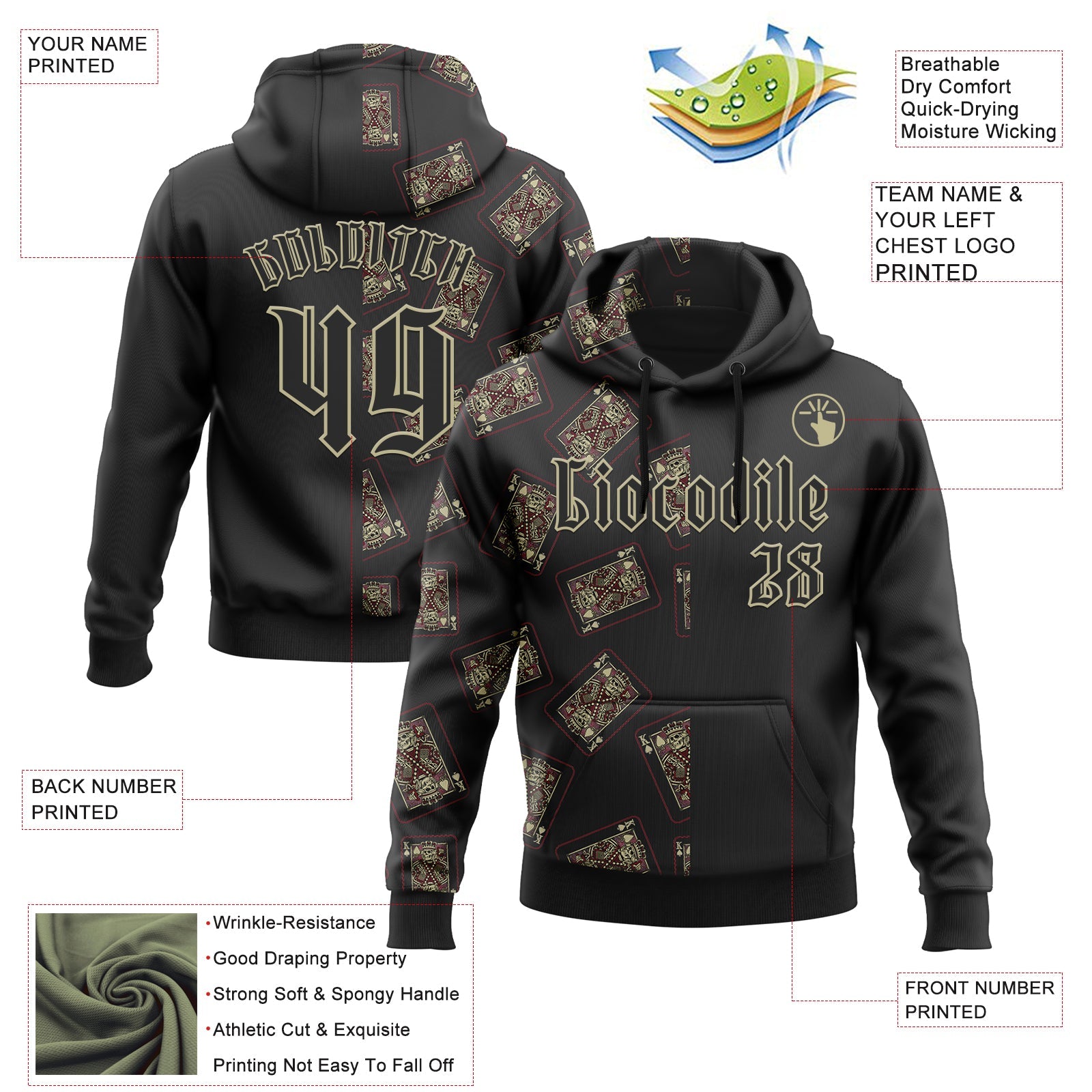 Custom Black Gold 3D Skull Poker Playing Card Split Sports Pullover Sweatshirt Hoodie
