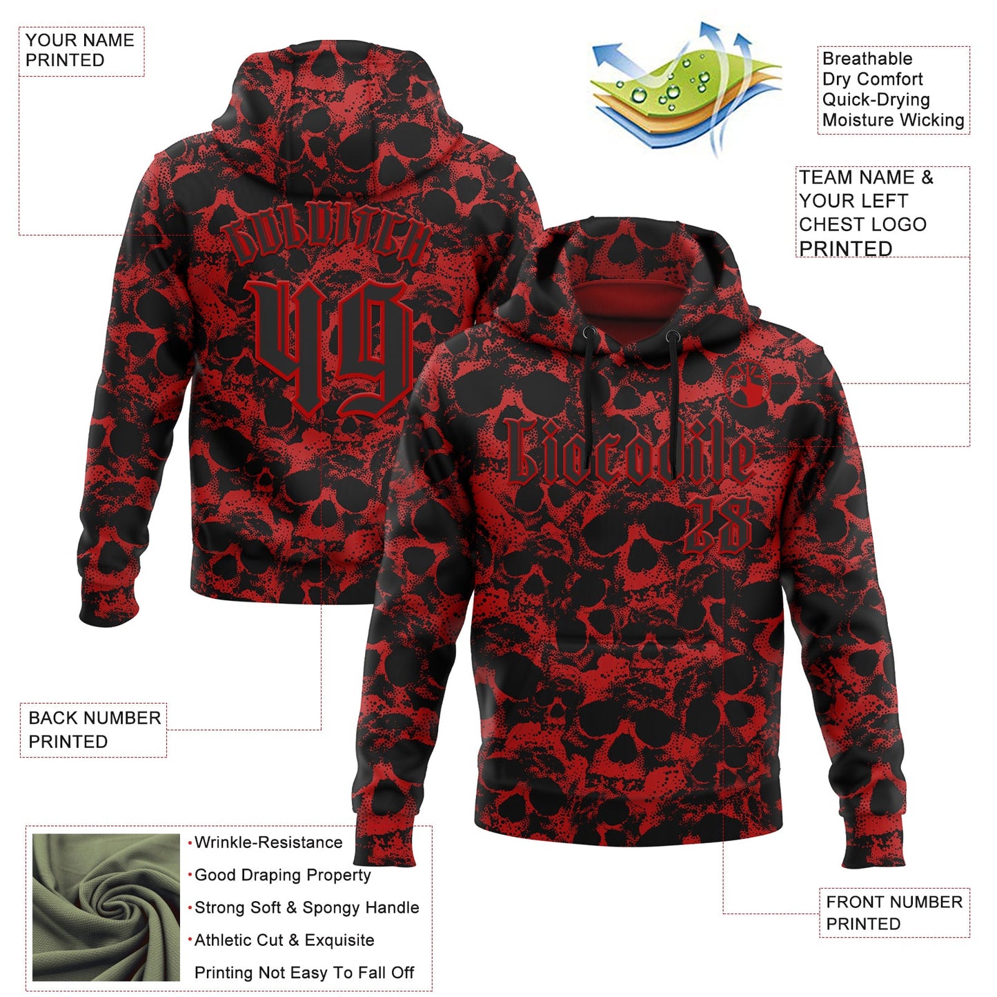 Custom Red Black 3D Skull Gothic Vintage Sports Pullover Sweatshirt Hoodie