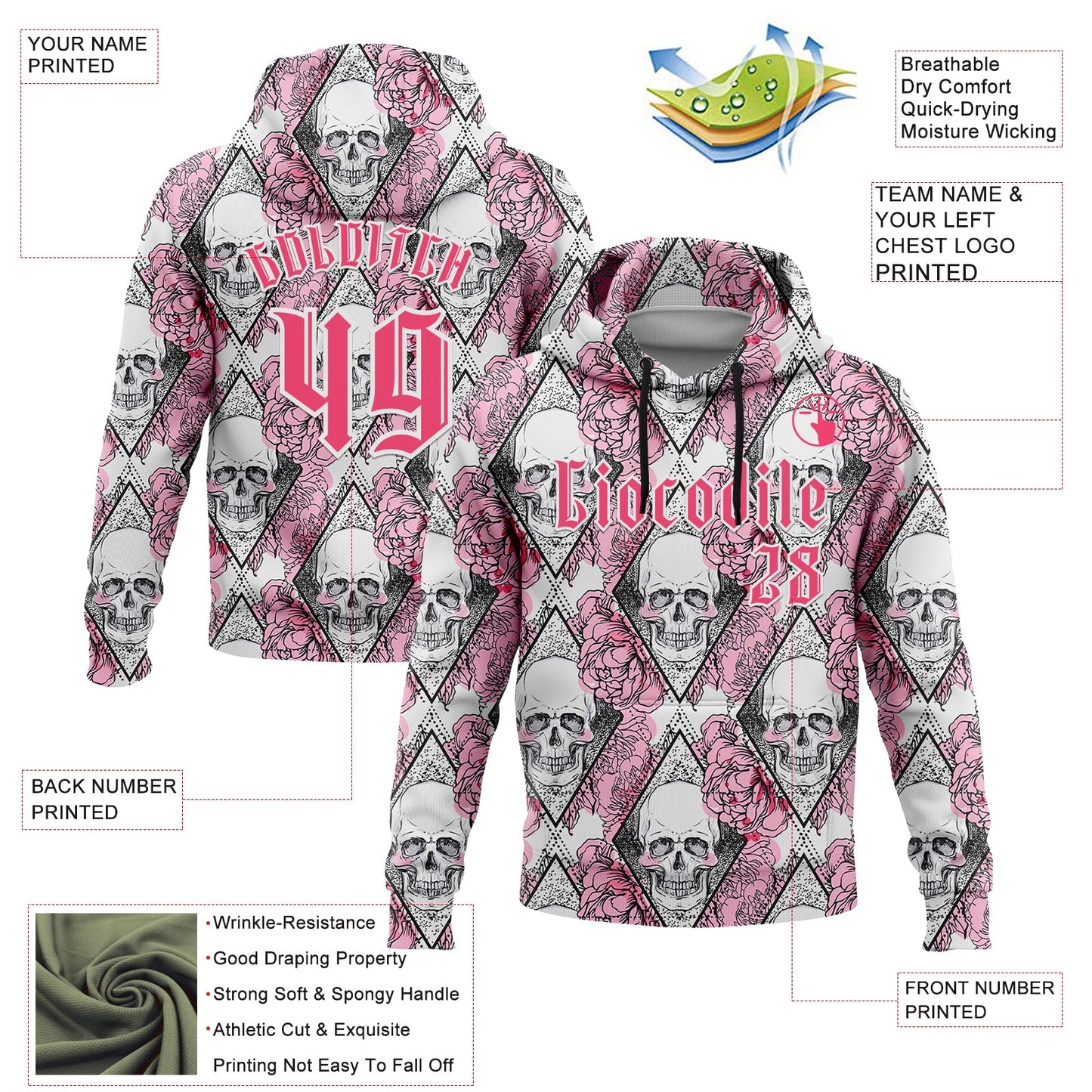 Custom White Neon Pink-Black 3D Skull Roses Gothic Geometric Diamond Grid Sports Pullover Sweatshirt Hoodie