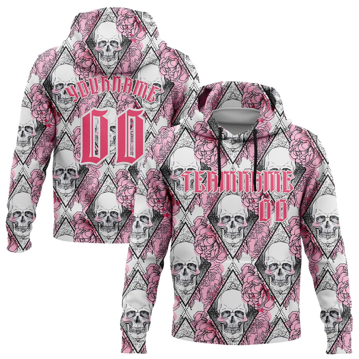 Custom White Neon Pink-Black 3D Skull Roses Gothic Geometric Diamond Grid Sports Pullover Sweatshirt Hoodie