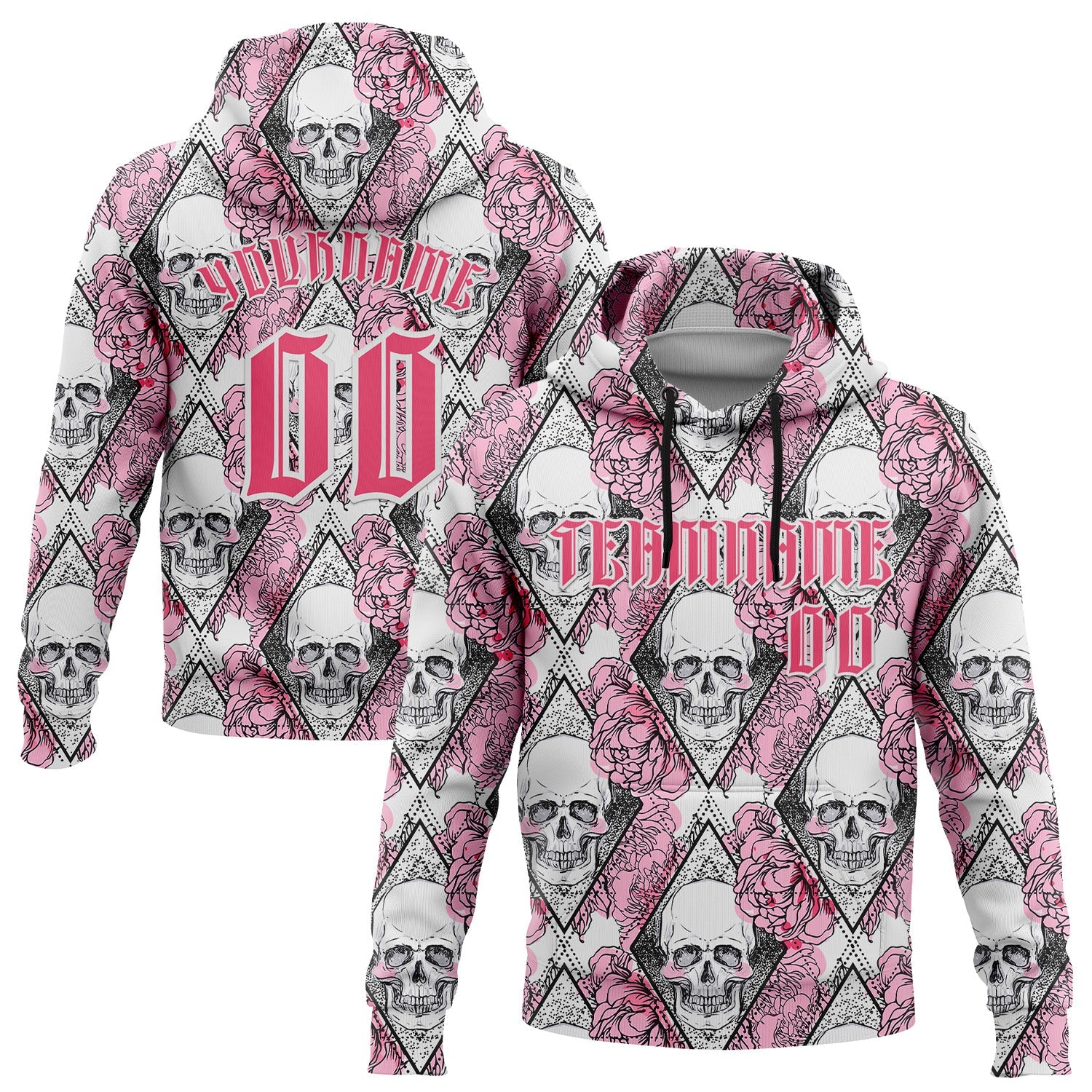 Custom White Neon Pink-Black 3D Skull Roses Gothic Geometric Diamond Grid Sports Pullover Sweatshirt Hoodie