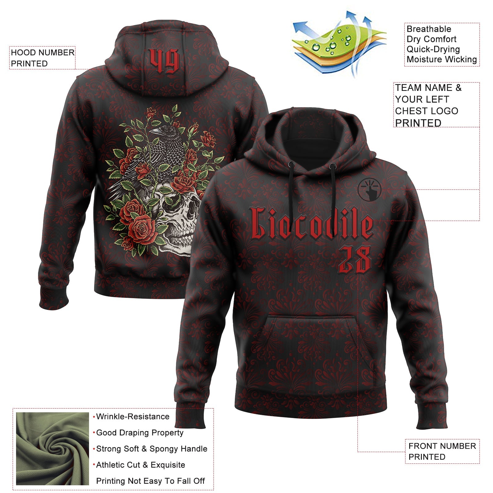 Custom Black Red 3D Skull Roses Gothic Royalty Crow Floral Sports Pullover Sweatshirt Hoodie