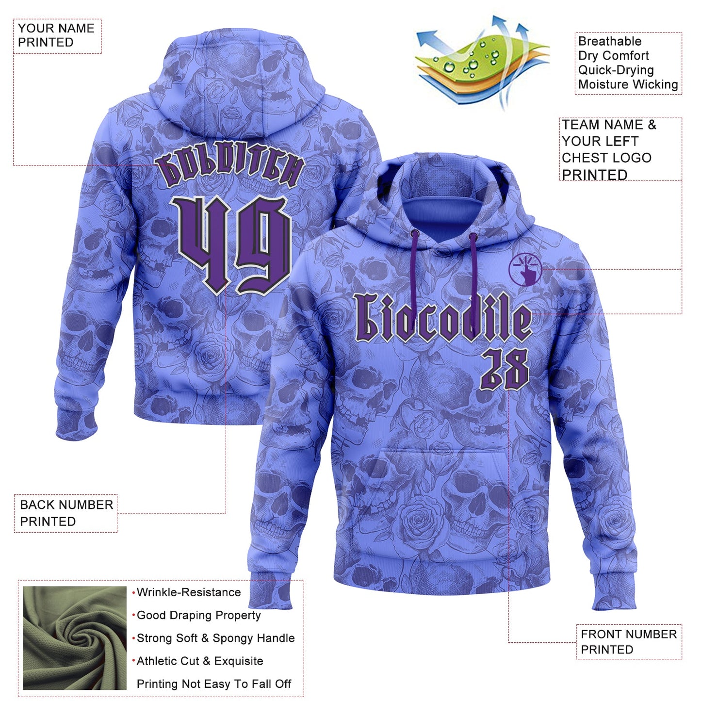 Custom Purple White-Black 3D Skull Roses Gothic Vintage Sports Pullover Sweatshirt Hoodie