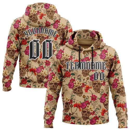 Custom Brown Black-White 3D Skull Roses Gothic Floral Vintage Sports Pullover Sweatshirt Hoodie