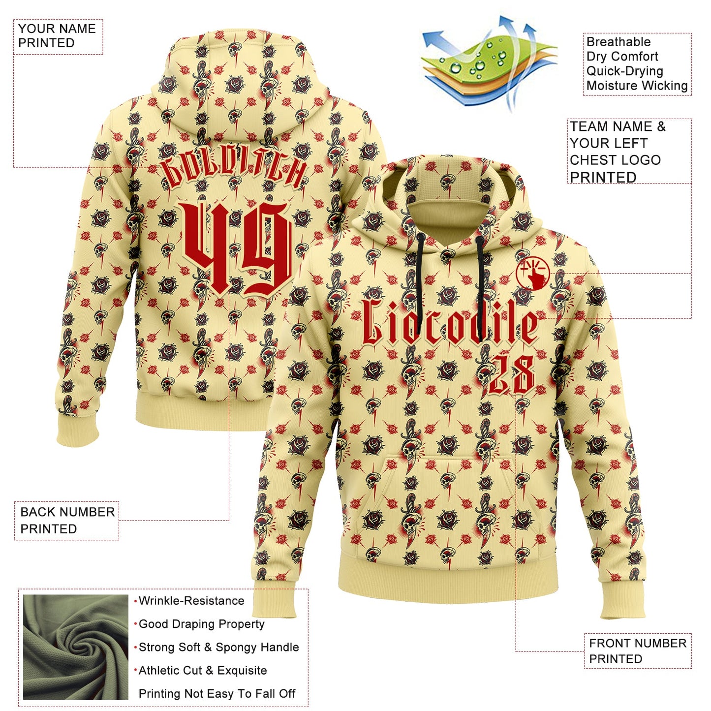 Custom Yellow Red 3D Skull Roses Gothic Sports Pullover Sweatshirt Hoodie