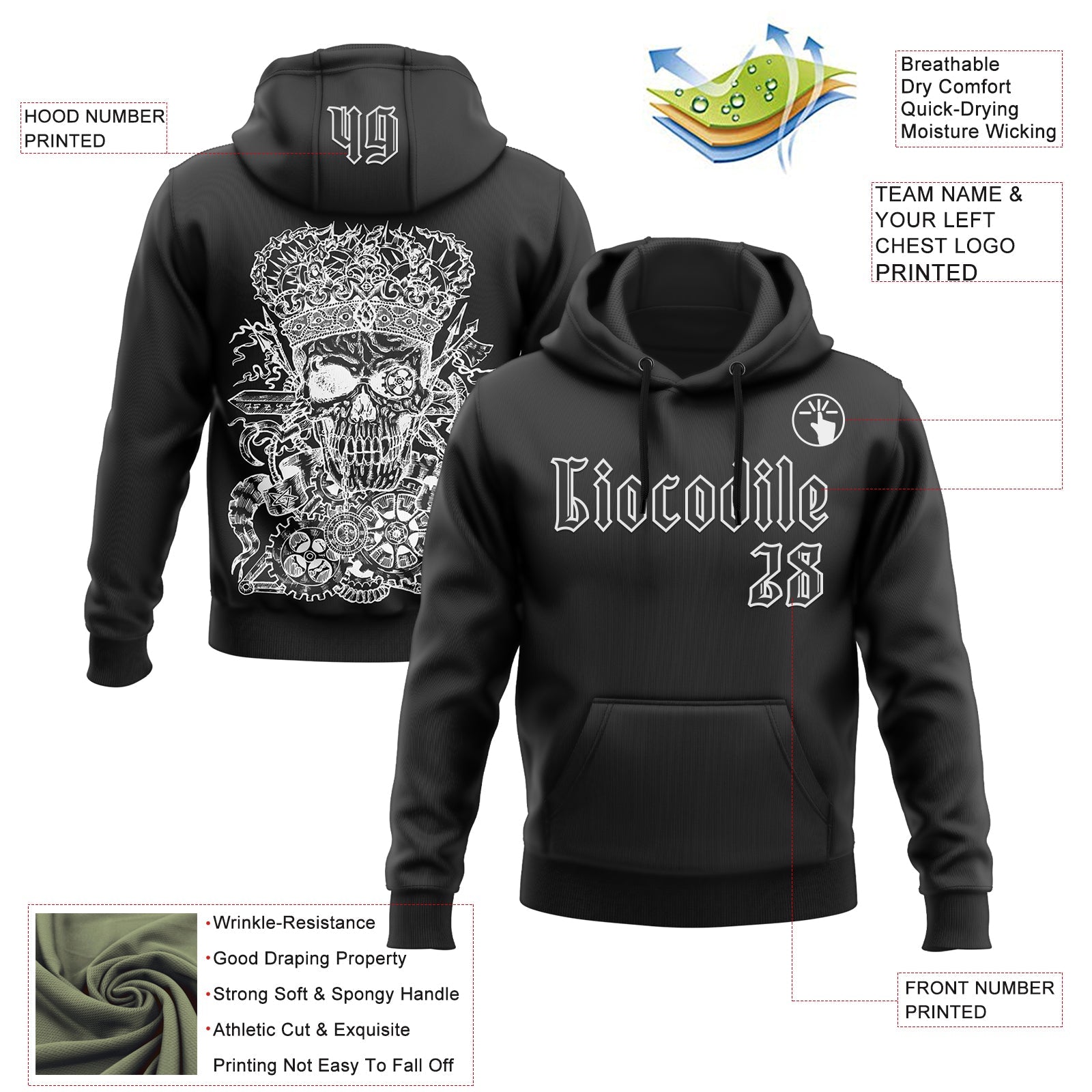 Custom Black White 3D Skull Gothic Emperor Vintage Grunge Art Sports Pullover Sweatshirt Hoodie