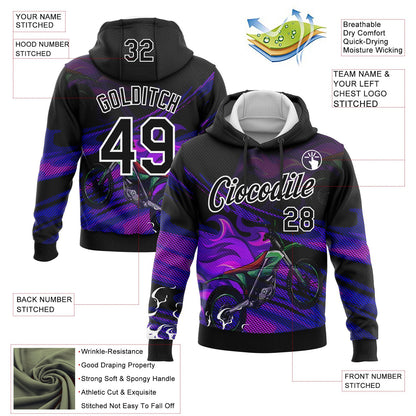 Custom Stitched Black White 3D Pattern Design Flame Motorcycle Motocross Racing Sports Pullover Sweatshirt Hoodie