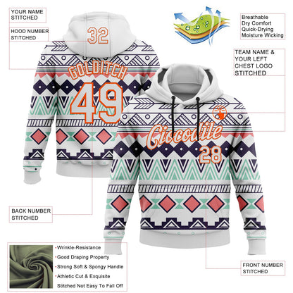 Custom Stitched White Orange 3D Pattern Design Tribal Ethnic Native American Sports Pullover Sweatshirt Hoodie