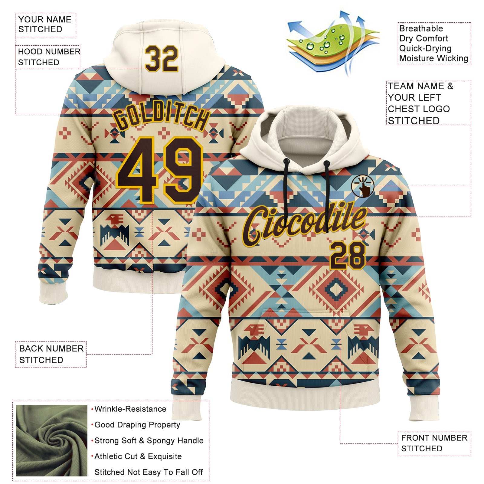 Custom Stitched Cream Brown-Yellow 3D Pattern Design Tribal Ethnic Native American Sports Pullover Sweatshirt Hoodie