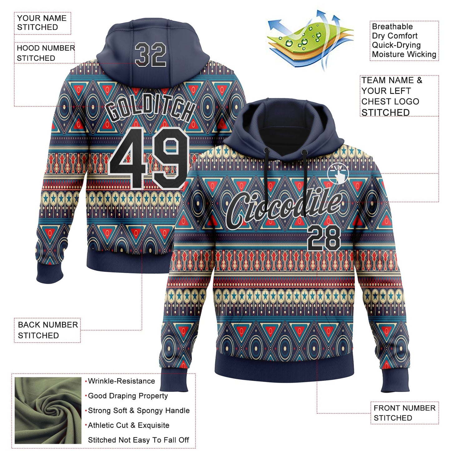 Custom Stitched Navy Black-White 3D Pattern Design Tribal Ethnic Native American Sports Pullover Sweatshirt Hoodie