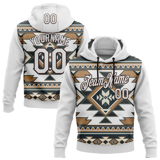 Custom Stitched White Brown 3D Pattern Design Tribal Ethnic Native American Sports Pullover Sweatshirt Hoodie