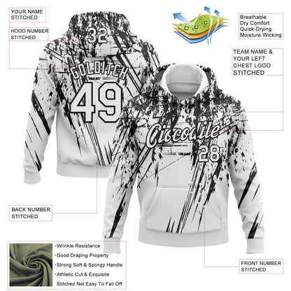 Custom Stitched White Black 3D Pattern Design Splash Grunge Art Sports Pullover Sweatshirt Hoodie