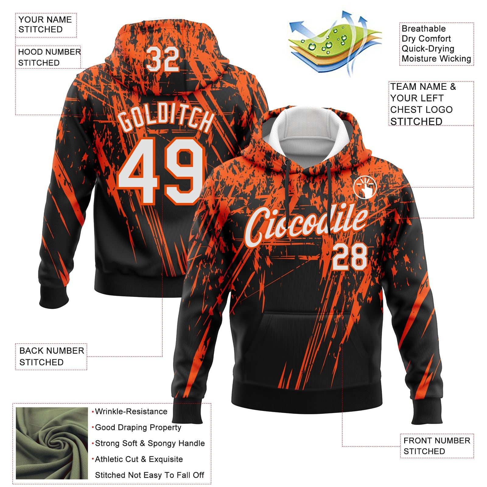Custom Stitched Black White-Orange 3D Pattern Design Splash Grunge Art Sports Pullover Sweatshirt Hoodie