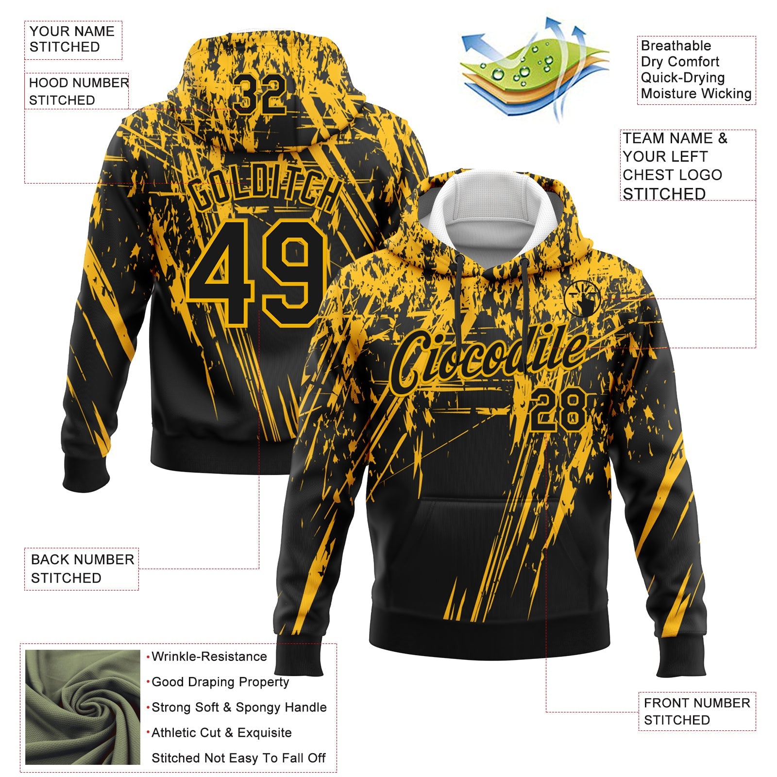 Custom Stitched Black Gold 3D Pattern Design Splash Grunge Art Sports Pullover Sweatshirt Hoodie