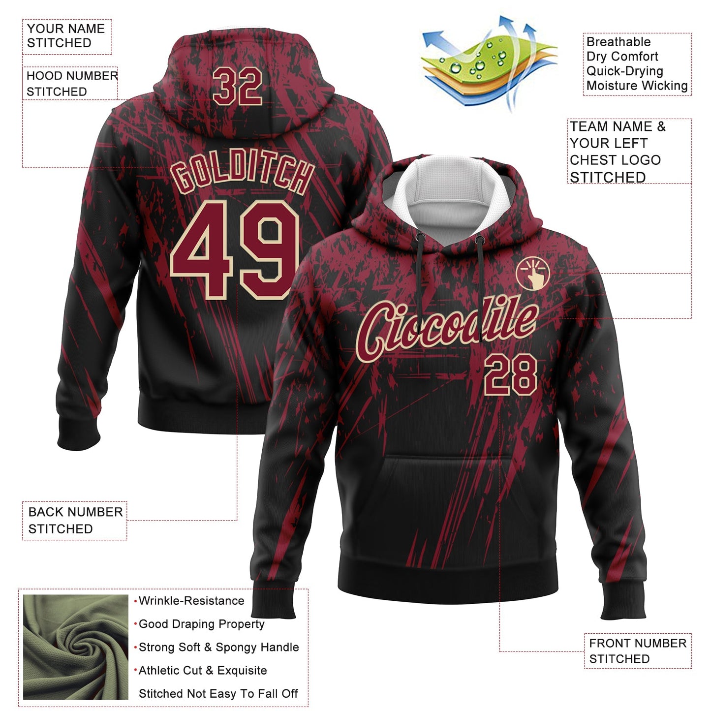 Custom Stitched Black Crimson-Cream 3D Pattern Design Splash Grunge Art Sports Pullover Sweatshirt Hoodie