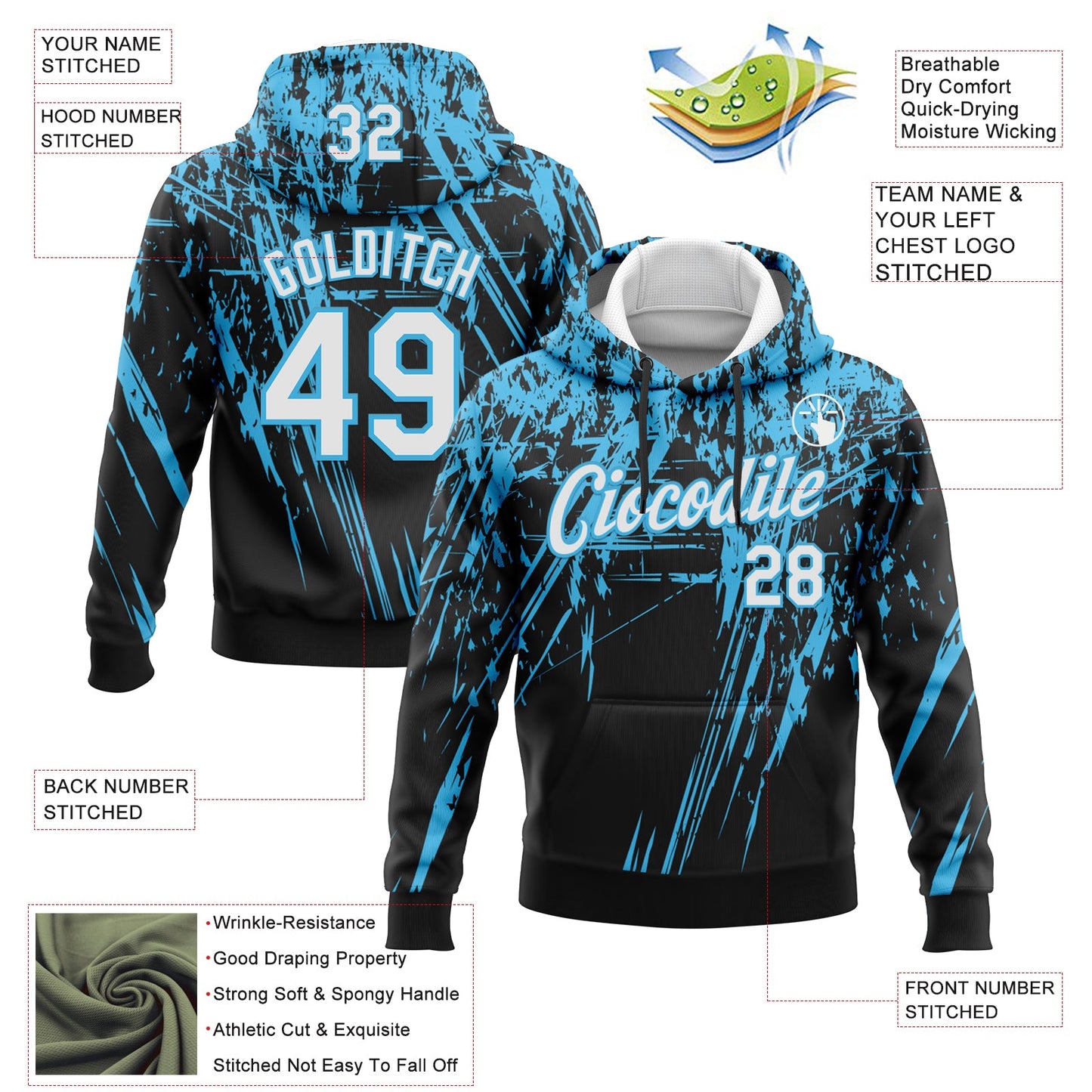 Custom Stitched Black White-Sky Blue 3D Pattern Design Splash Grunge Art Sports Pullover Sweatshirt Hoodie