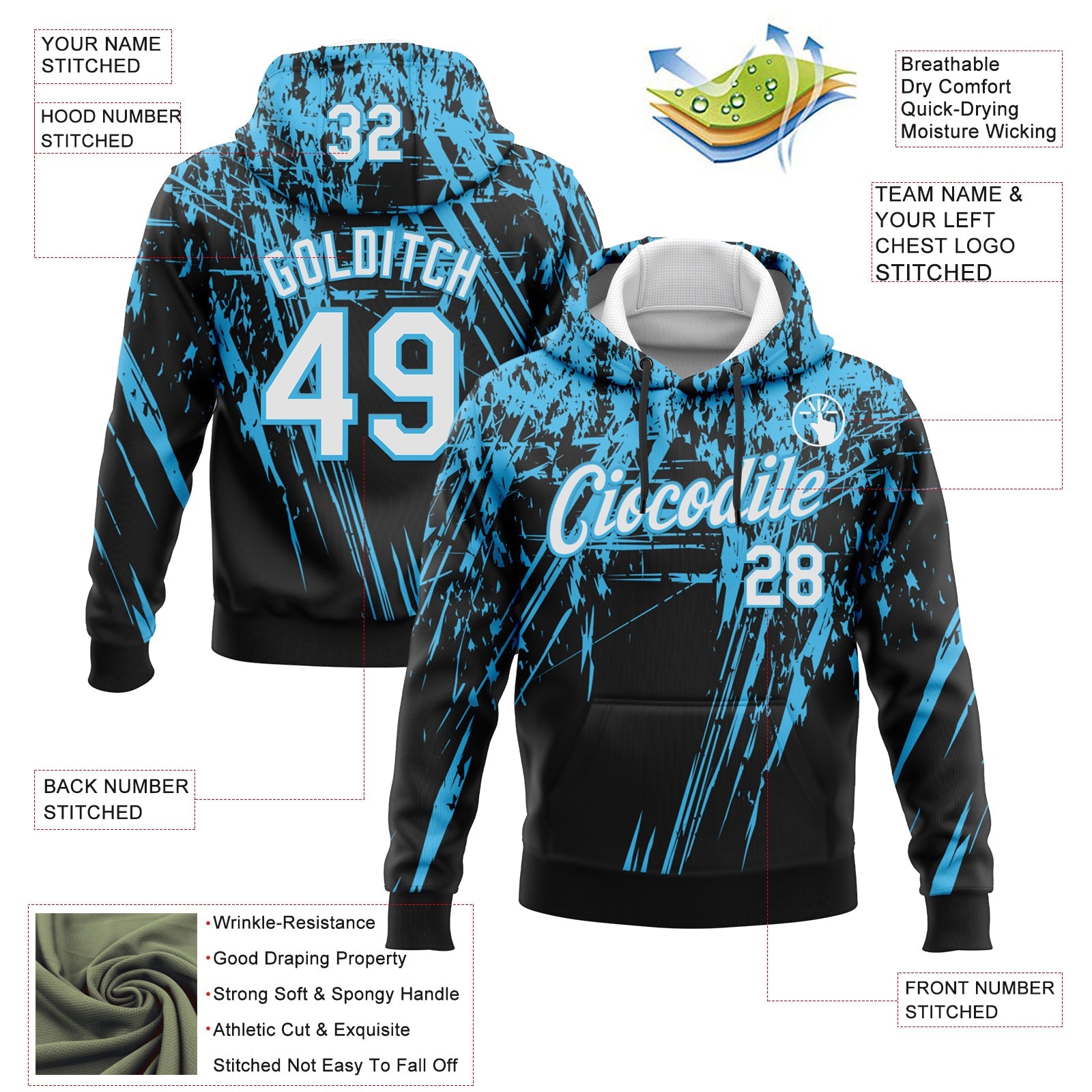 Custom Stitched Black White-Sky Blue 3D Pattern Design Splash Grunge Art Sports Pullover Sweatshirt Hoodie