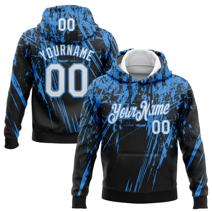 Custom Stitched Black White-Powder Blue 3D Pattern Design Splash Grunge Art Sports Pullover Sweatshirt Hoodie