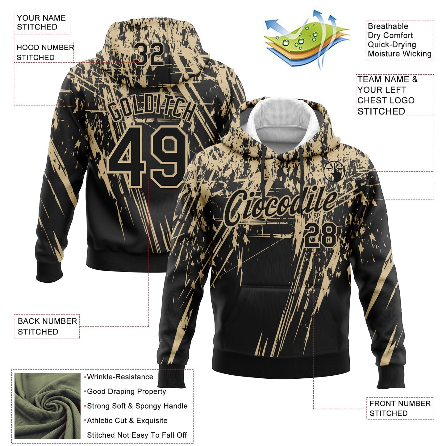 Custom Stitched Black Vegas Gold 3D Pattern Design Splash Grunge Art Sports Pullover Sweatshirt Hoodie