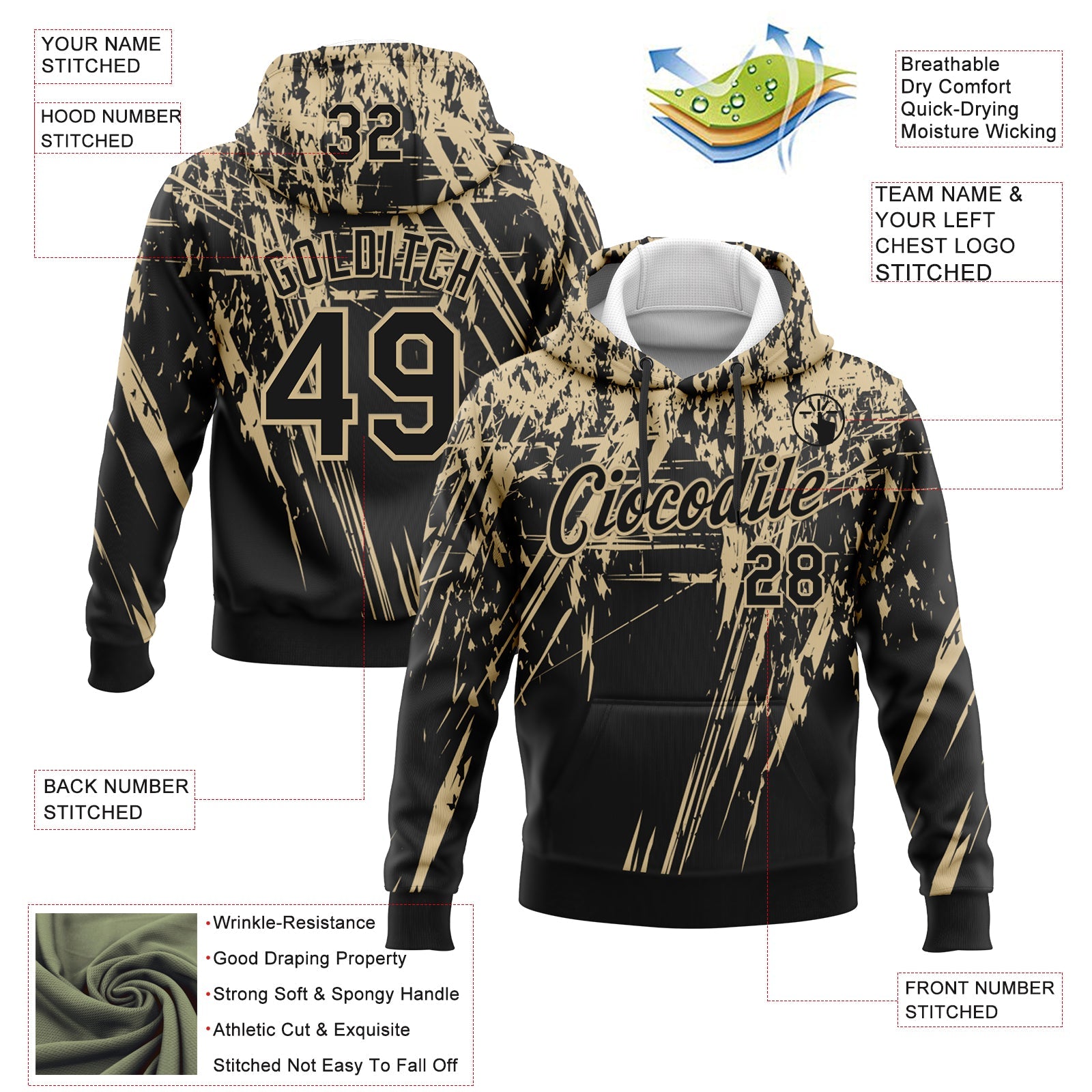 Custom Stitched Black Vegas Gold 3D Pattern Design Splash Grunge Art Sports Pullover Sweatshirt Hoodie