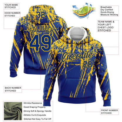 Custom Stitched Royal Yellow 3D Pattern Design Splash Grunge Art Sports Pullover Sweatshirt Hoodie