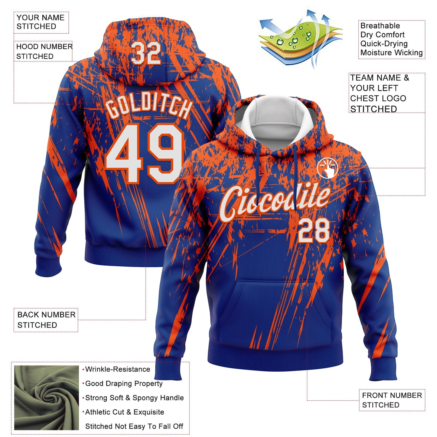 Custom Stitched Royal White-Orange 3D Pattern Design Splash Grunge Art Sports Pullover Sweatshirt Hoodie