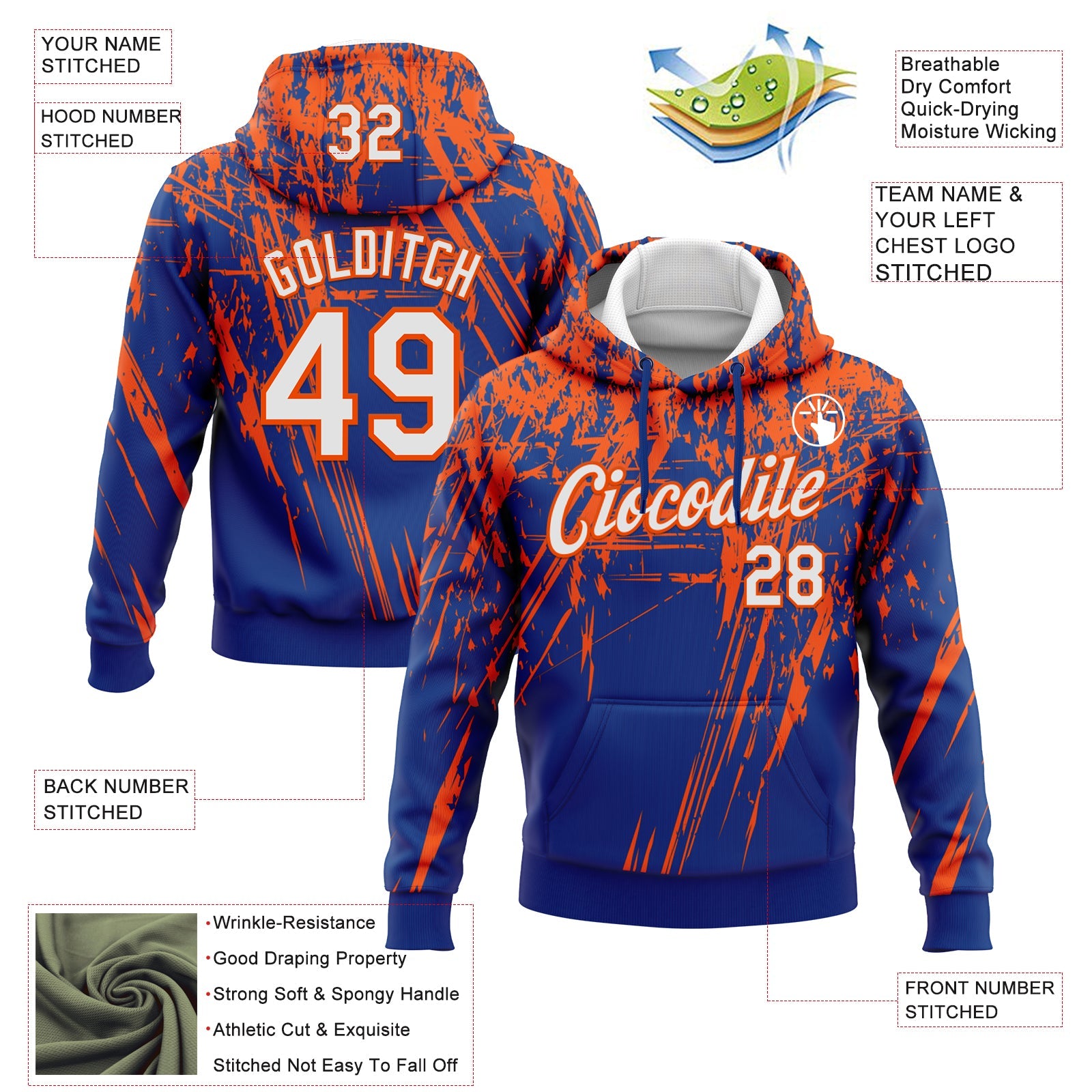 Custom Stitched Royal White-Orange 3D Pattern Design Splash Grunge Art Sports Pullover Sweatshirt Hoodie