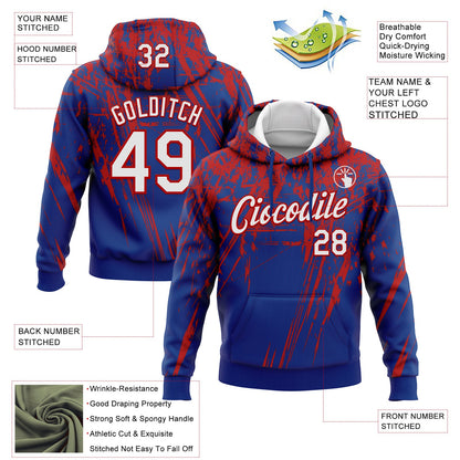 Custom Stitched Royal White-Red 3D Pattern Design Splash Grunge Art Sports Pullover Sweatshirt Hoodie