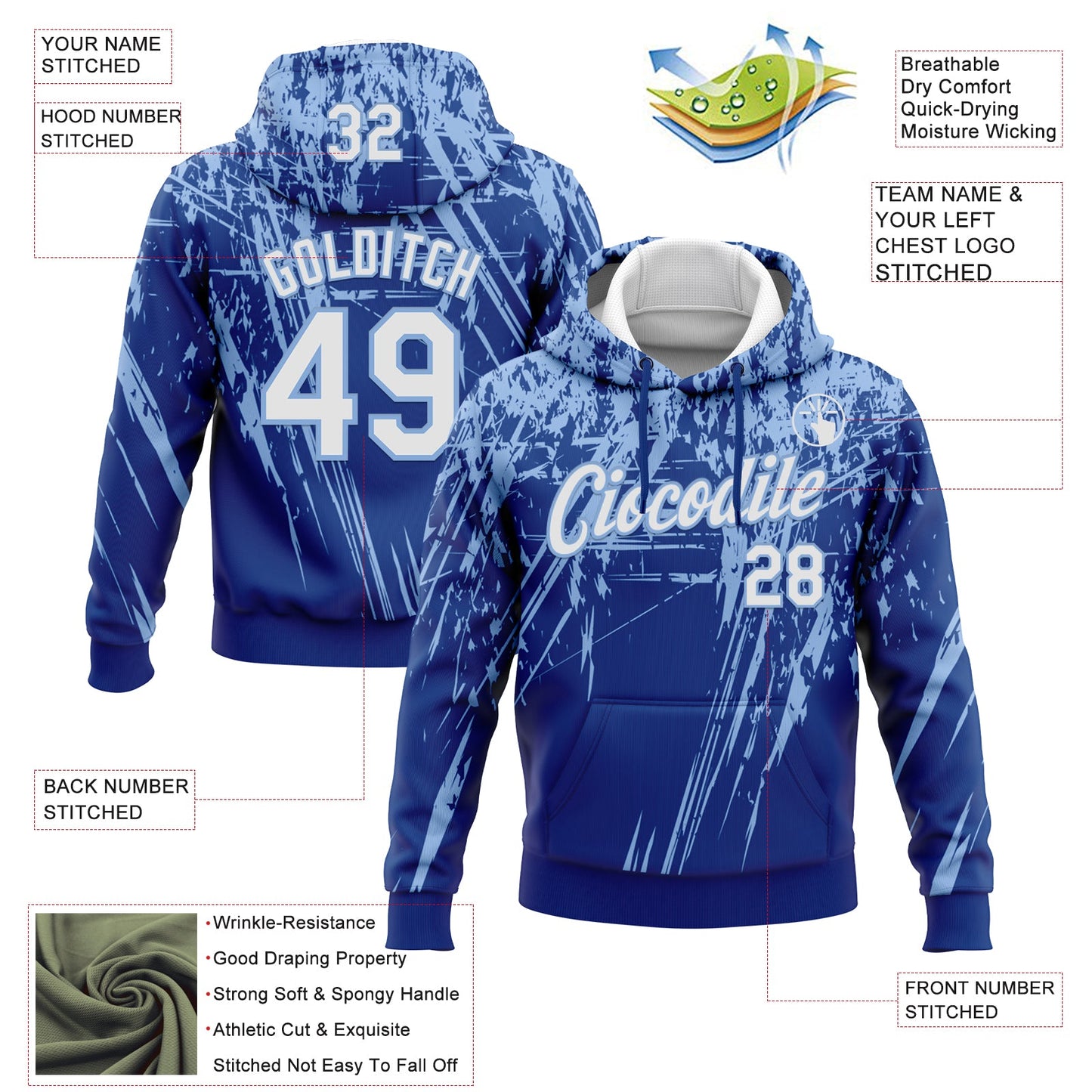Custom Stitched Royal White-Light Blue 3D Pattern Design Splash Grunge Art Sports Pullover Sweatshirt Hoodie