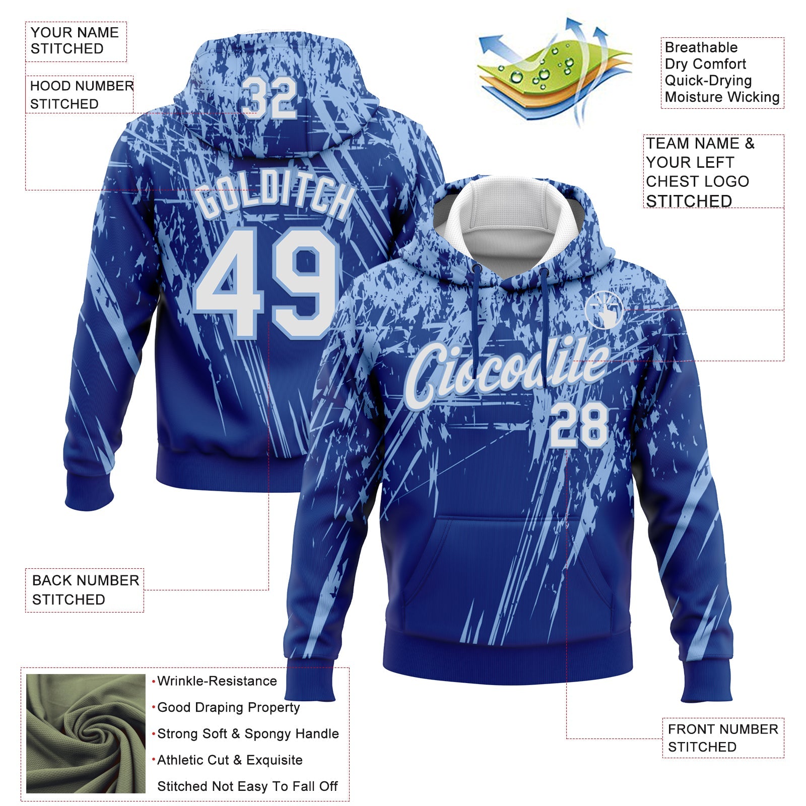 Custom Stitched Royal White-Light Blue 3D Pattern Design Splash Grunge Art Sports Pullover Sweatshirt Hoodie